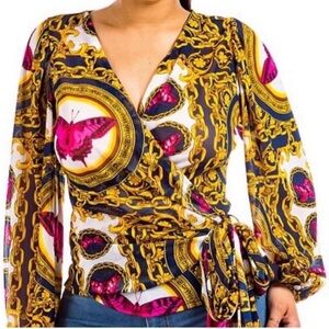Women's Wrap Top with Chain and Butterfly Print